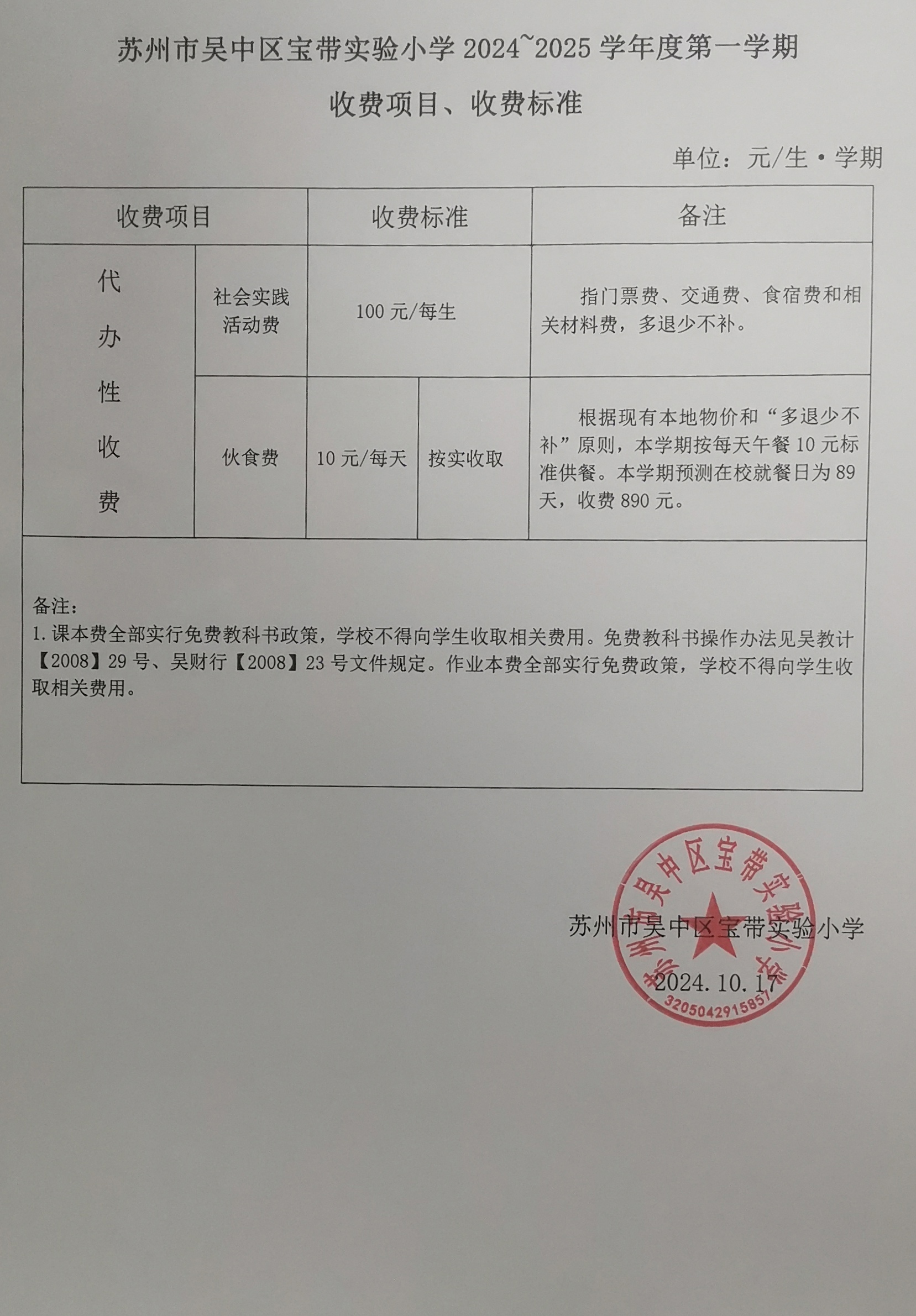 蘇州市吳中區(qū)寶帶實(shí)驗(yàn)小學(xué)2024~2025學(xué)年度第一學(xué)期收費(fèi)項(xiàng)目、收費(fèi)標(biāo)準(zhǔn)