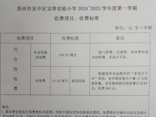 【公示公告】蘇州市吳中區(qū)寶帶實(shí)驗(yàn)小學(xué)2024~2025學(xué)年度第一學(xué)期收費(fèi)項(xiàng)目、收費(fèi)標(biāo)準(zhǔn)